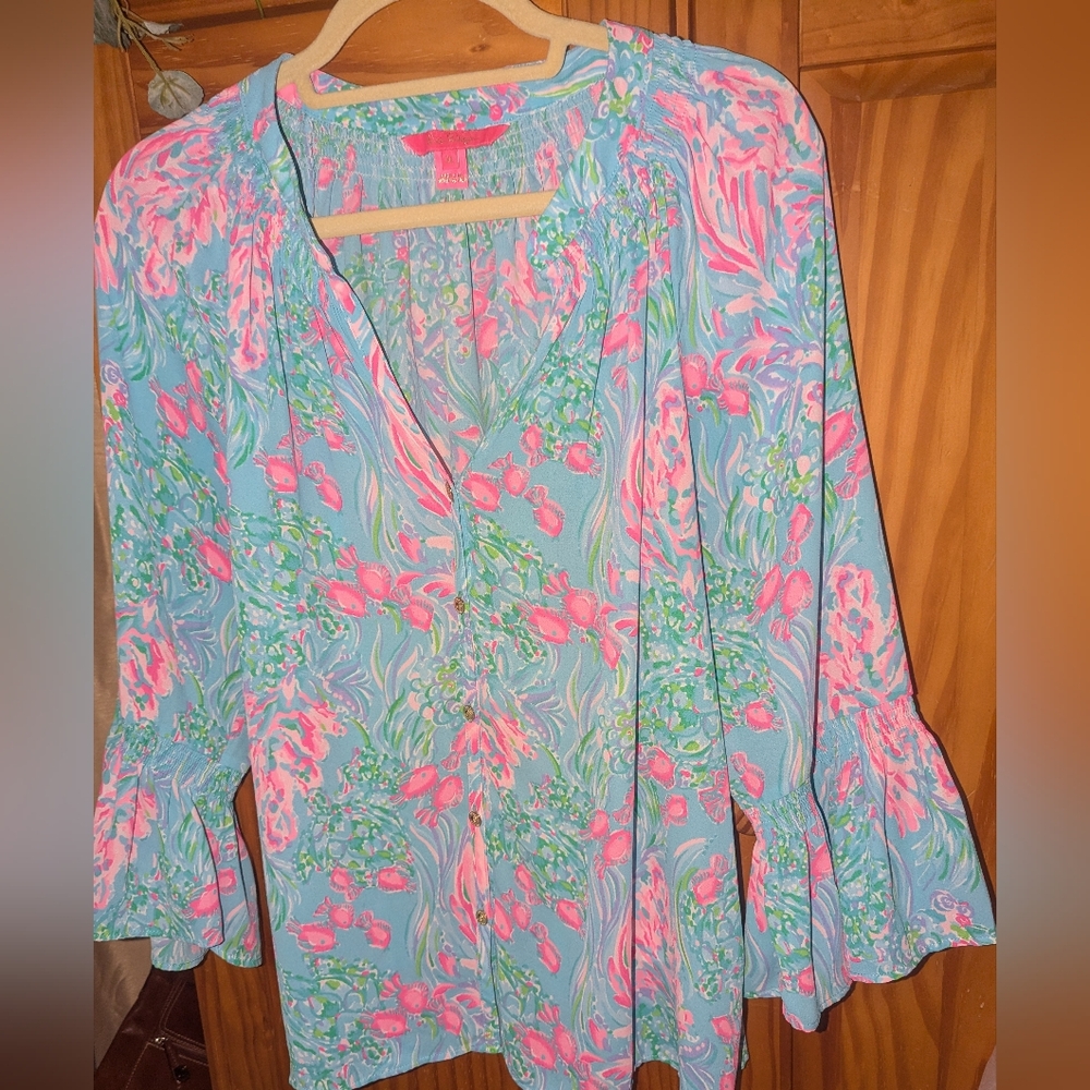 Lilly Pulitzer Dakota Top In Amalfi Blue Best Fishes .XL